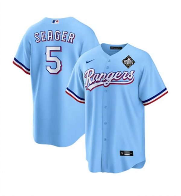 Men's Texas Rangers #5 Corey Seager Blue 2023 World Series Stitched MLB Jersey