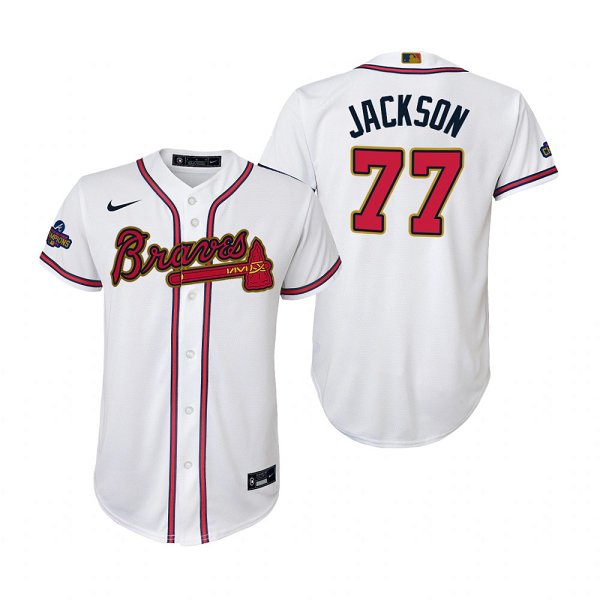 Youth #77 Luke Jackson Atlanta Braves White 2022 Gold Program MLB Jersey