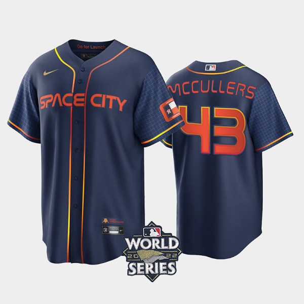 Men's 2022 City Connect Houston Astros #43 Lance McCullers Jr. Cool Base Navy MLB Jersey with 2022 World Series Patch