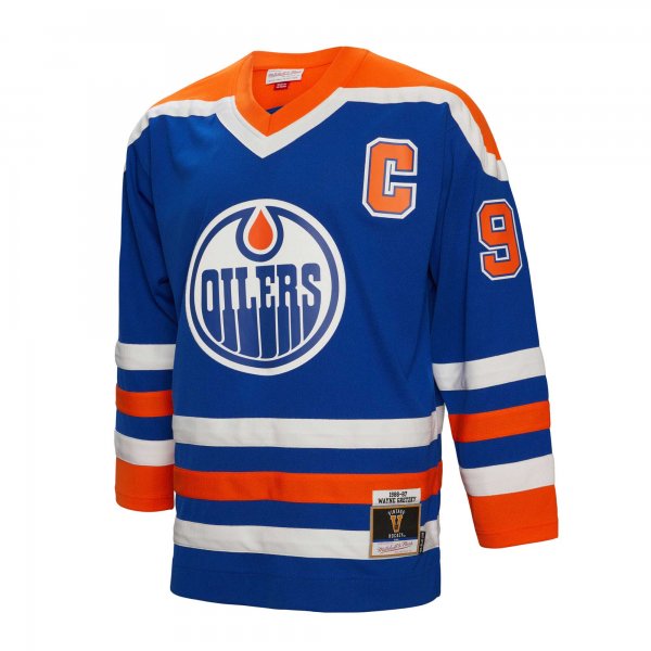 Men's Edmonton Oilers Wayne Gretzky Mitchell & Ness Royal Captain Patch 1986/87 Blue Line Player Jersey