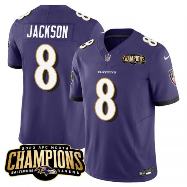 Men's Baltimore Ravens #8 Lamar Jackson Purple 2023 F.U.S.E. AFC North Champions Vapor Limited NFL Jersey