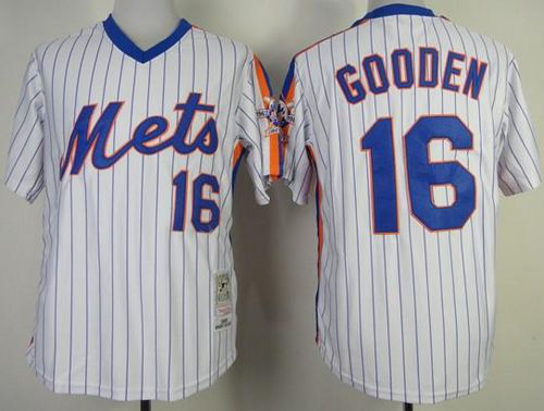 Mitchell And Ness New York Mets #16 Dwight Gooden Stitched White Blue Strip Throwback MLB Jersey