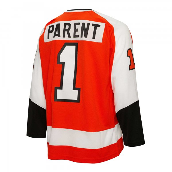 Men's Philadelphia Flyers Bernie Parent Mitchell & Ness Orange  1974/75 Blue Line Player Jersey