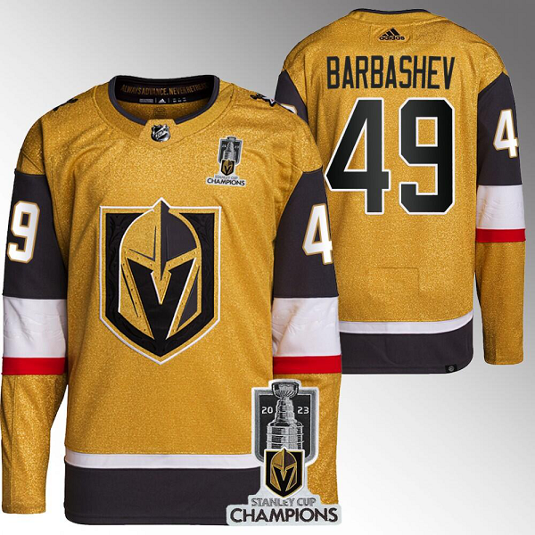 Men's Vegas Golden Knights #49 Ivan Barbashev 2023 Stanley Cup Champions Glod Flex Base Home Jersey