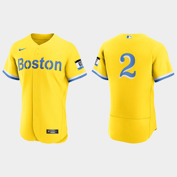 Men's Boston Red Sox #2 Xander Bogaerts Gold Light Blue 2021 MLB City Connect Flex Base Jersey