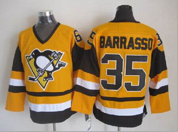 Men's Pittsburgh Penguins #35 Tom Barrasso Yellow Throwback NHL Jersey