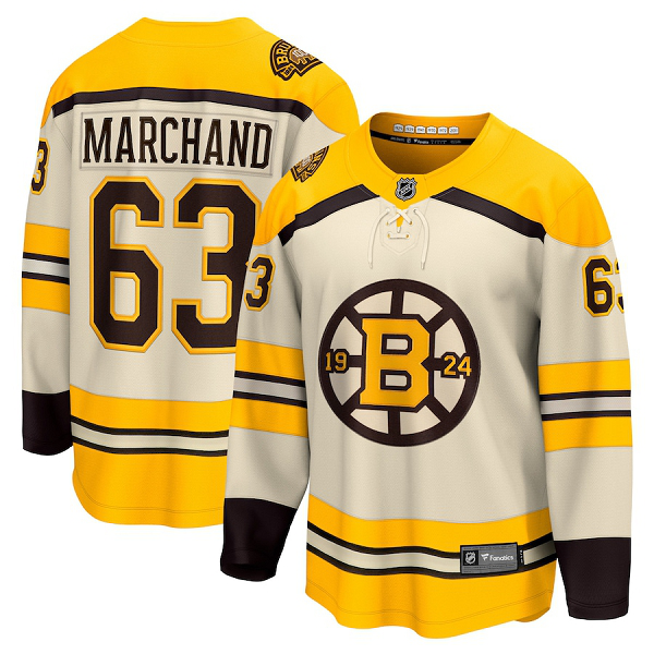 Men's Boston Bruins #63 Brad Marchand 100th Anniversary Alternate Breakaway Cream Jersey