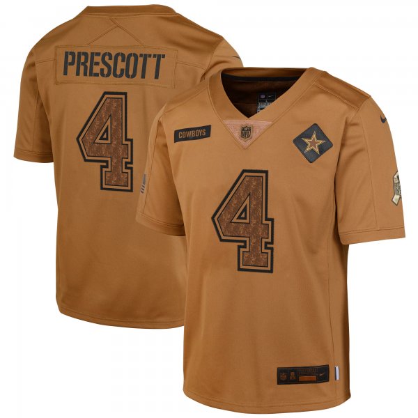 Youth Dallas Cowboys #4 Dak Prescott Nike Brown 2023 Salute To Service Limited Jersey