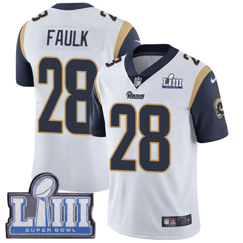 Men's Nike Los Angeles Rams #28 Marshall Faulk White Super Bowl LIII Bound Stitched NFL Vapor Untouchable Limited Jersey