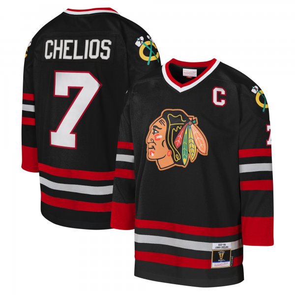 Youth Chicago Blackhawks Chris Chelios Mitchell & Ness Black 1997-98 Blue Line Captain Patch Player Jersey