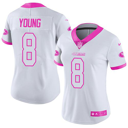 Nike San Francisco 49ers #8 Steve Young White/Pink Women's Stitched NFL Limited Rush Fashion Jersey