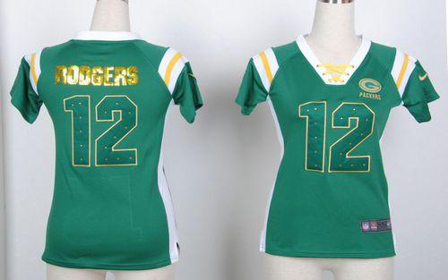 Nike Green Bay Packers #12 Aaron Rodgers Green Women's Stitched NFL Elite Draft Him Shimmer Jersey