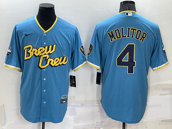 Men's Milwaukee Brewers #4 Paul Molitor 2022 City Connect Powder Blue Cool Base MLB Jersey