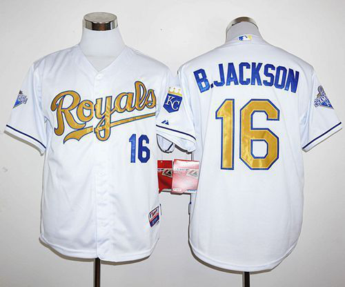 Kansas City Royals #16 Bo Jackson White 2015 World Series Champions Gold Program Stitched MLB Jersey