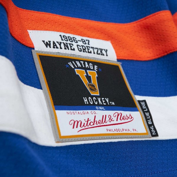 Men's Edmonton Oilers Wayne Gretzky Mitchell & Ness Royal Captain Patch 1986/87 Blue Line Player Jersey