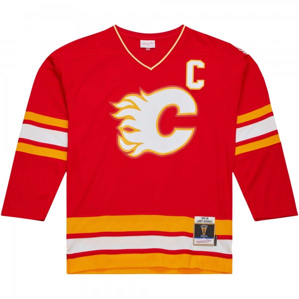 Men's Calgary Flames Lanny McDonald Mitchell & Ness Red Captain Patch 1988/89 Blue Line Player Jersey