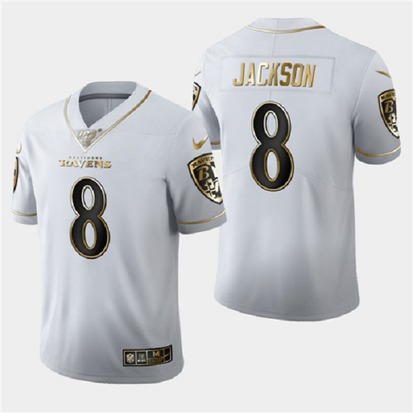 Men's Baltimore Ravens #8 Lamar Jackson White 2019 100th Season Golden Edition Limited Stitched NFL Jersey