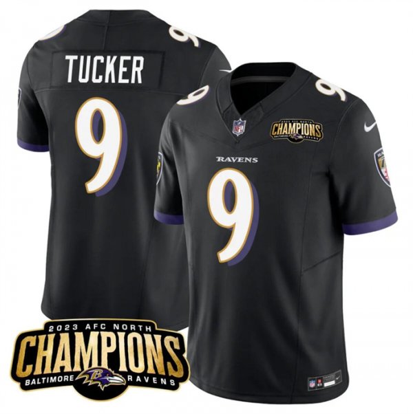 Men's Baltimore Ravens #9 Justin Tucker Black 2023 F.U.S.E. AFC North Champions Vapor Limited NFL Jersey