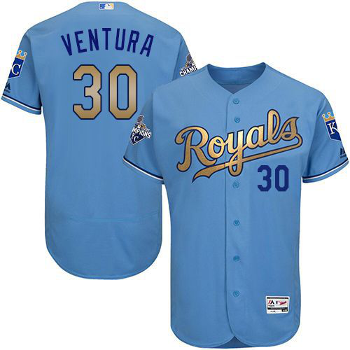 Kansas City Royals #30 Yordano Ventura Light Blue FlexBase 2015 World Series Champions Gold Program Stitched MLB Jersey