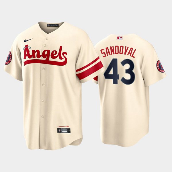 Men's Los Angeles Angels #43 Patrick Sandoval 2022 City Connect Cream Cool Base MLB Jersey