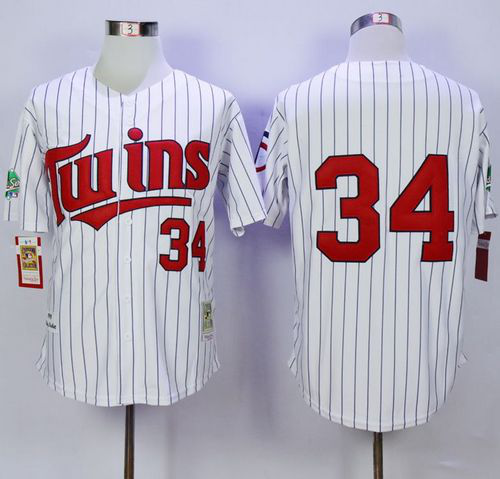 Mitchell And Ness Minnesota Twins #34 Kirby Puckett White(Blue Strip) Throwback Stitched MLB Jersey